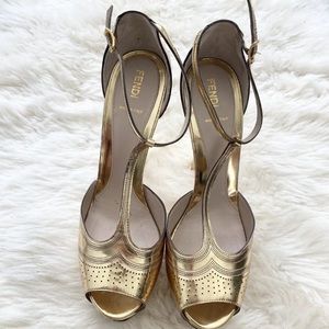 FENDI Gold Metallic Peep Toe Heels Size 41 EUR